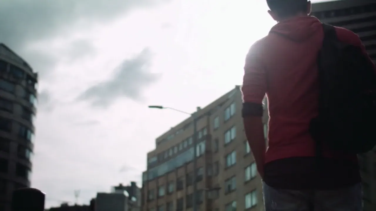A pack on a back, walking a city street into low sun